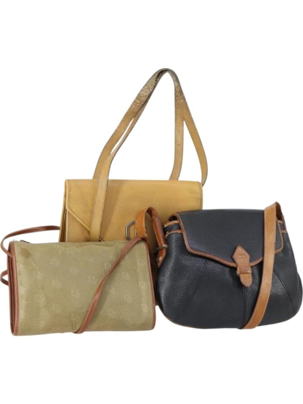 Christian Dior Shoulder Bag Leather Canvas 3 Set Black Beige